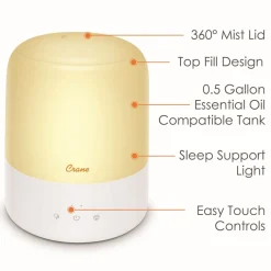 Crane 3 in 1 Cool Mist Humidifier, Aroma Diffuser & Sleep Support Light – 1.9L