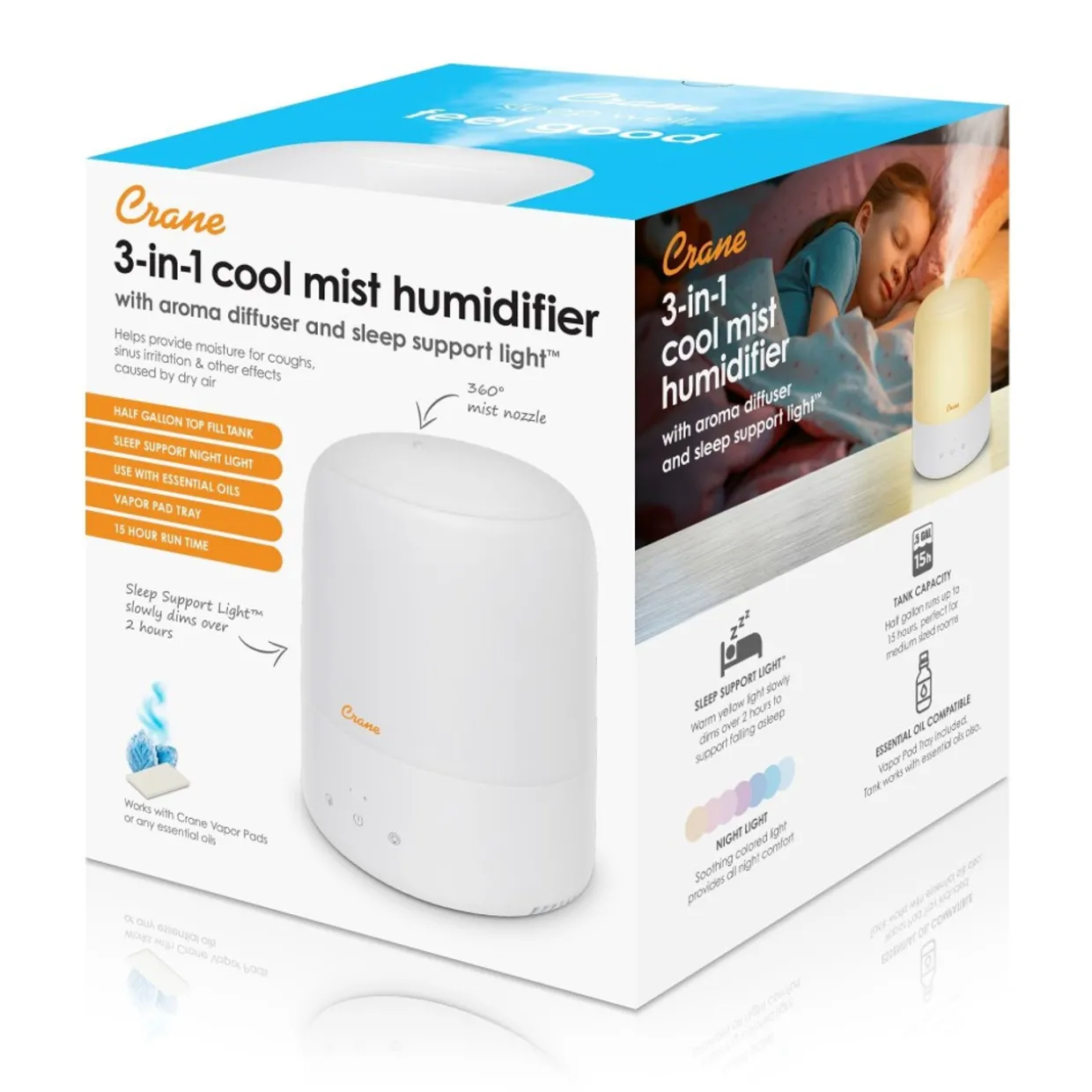 Crane 3 in 1 Cool Mist Humidifier, Aroma Diffuser & Sleep Support Light – 1.9L
